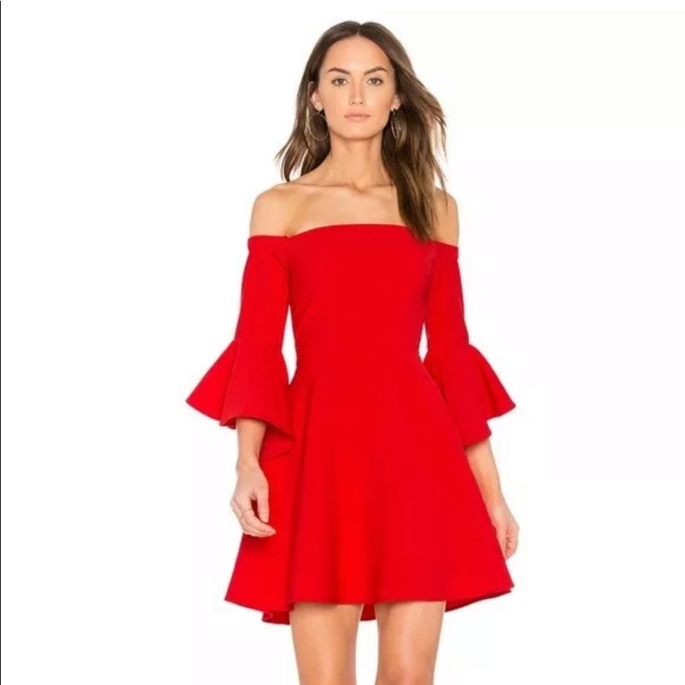 J.O.A. Red Bell Sleeve Off The Shoulder Dress Med